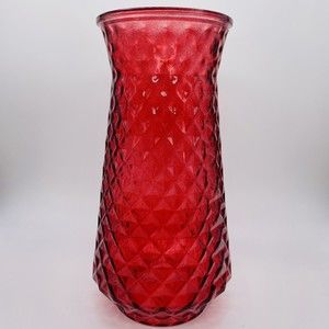 Vintage Paula DPS Diamond Pineapple Textured Pattern Red Art Glass Vase 9”